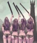  4girls arm_up ass braid brown_hair cowboy_shot from_behind green_panties green_shirt grey_sky hand_of_saruman heart holding holding_weapon iskanderednaksi legendarium long_hair multiple_girls orthanc outdoors panties ponytail shirt standing the_lord_of_the_rings tower underwear weapon 