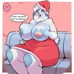  &lt;3 anthro big_breasts blue_eyes blush bodily_fluids breast_milking breasts brown_nose christmas christmas_clothing christmas_decorations christmas_headwear christmas_present chubby_female clothed clothing dialogue digital_media_(artwork) female fur fur_markings hair hat headgear headwear hi_res holding_breast holidays lactating leila_(suger_phox) looking_at_viewer mammal markings milk milking_self multicolored_body nipples overweight overweight_female pink_nipples polar_bear santa_hat shaded simple_background sitting smile solo speech_bubble suger_phox text thick_thighs tuft two_tone_body ursid ursine video_games white_body white_fur 