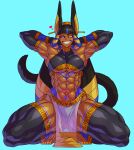  &lt;3 abs absurd_res animal_humanoid biceps big_ears big_muscles big_quads black_hair blue_eyes bodypaint brown_body brown_skin canid canid_humanoid canine canine_humanoid clothed clothing dark_body dark_skin egyptian_clothing egyptian_headdress face_paint grin hair hi_res humanoid hutago jackal_humanoid legwear long_hair male mammal mammal_humanoid muscular muscular_male navel pupils quads raised_arms skimpy slit_pupils smile solo tattoo thigh_highs yellow_sclera 