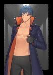  1boy abs absurdres bangs bara black_gloves black_pants blue_hair brown_eyes coat fate/grand_order fate_(series) fingerless_gloves gloves highres hunterkay looking_at_viewer male_focus mature_male muscular muscular_male navel open_clothes open_coat pants pectoral_cleavage pectorals saitou_hajime smile solo 