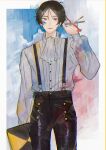  1boy absurdres ascot black_pants earrings highres holding holding_paintbrush jewelry long_sleeves looking_at_viewer male_focus original paint paintbrush pants ppp_i_01 puffy_long_sleeves puffy_sleeves red_eyes shirt sketchbook sky solo suspenders white_ascot white_shirt 