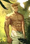  1boy abs bara blonde_hair brk_603 closed_mouth facial_hair garden highres large_pectorals leaf looking_at_viewer male_focus mature_male muscular muscular_male navel original pants pectorals plant short_hair solo stubble topless topless_male white_pants 