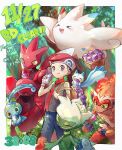  1boy :q backpack bag border bottle commentary_request day grey_eyes hand_up hat holding holding_bottle holding_strap huan_li infernape lucas_(pokemon) male_focus manaphy milk_bottle moomoo_milk outdoors pachirisu pants pokemon pokemon_(creature) pokemon_(game) pokemon_bdsp red_headwear red_scarf roserade scarf scizor short_hair short_sleeves togekiss tongue tongue_out tree white_border yellow_bag 