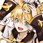  1boy 1girl banana black_sailor_collar blonde_hair blue_eyes brother_and_sister detached_sleeves emoji food fruit hair_between_eyes hair_ornament hairclip headphones headset hzk_(user_kemd2843) kagamine_len kagamine_rin minigirl musical_note neckerchief open_mouth sailor_collar siblings simple_background spiked_hair spoken_musical_note tongue tongue_out vocaloid white_background yellow_neckerchief 