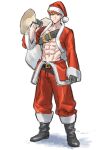  1boy abs bangs belt belt_buckle boots buckle emiya_shirou fate/grand_order fate_(series) full_body fur-trimmed_jacket fur_trim gift_bag gloves hat highres jacket looking_at_viewer male_focus muscular muscular_male navel open_clothes orange_hair santa_costume santa_hat senji_muramasa_(fate) simple_background smile solo syo_chikubai white_background yellow_eyes 