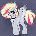  blonde_hair bonnietappert choker derpy_hooves_(mlp) female feral friendship_is_magic fur goth grey_body grey_fur hair hasbro hi_res highlights_(coloring) jewelry makeup mascara my_little_pony necklace red_highlights solo wings 