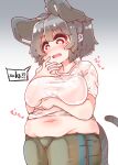  absurd_res animal_humanoid belly big_breasts big_ears blush bottomwear bra_outline breasts clothed clothing clothing_lift female grey_hair hair hi_res humanoid mammal mammal_humanoid mouse_humanoid muffin_top murid murid_humanoid murine murine_humanoid navel nazrin open_mouth overweight pants red_eyes rodent rodent_humanoid sabitare shirt shirt_lift short_hair solo sound_effects teeth tongue topwear touhou video_games 