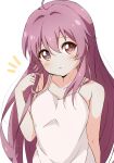  1girl ahoge bangs bare_shoulders blush camisole closed_mouth collarbone commentary eyebrows_visible_through_hair hair_between_eyes hand_in_hair hand_up highres long_hair looking_at_viewer minatsuki_hitoka notice_lines purple_eyes purple_hair simple_background solo sugiura_ayano very_long_hair white_background white_camisole yuru_yuri 