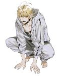  1boy animal_ears antenna_hair arm_support barefoot blonde_hair choker collarbone downblouse eyeliner fingernails full_body grey_jacket grey_pants highres hood hooded_jacket jacket jewelry long_sleeves looking_at_viewer makeup male_focus nansen_ichimonji open_mouth pants pendant simple_background solo squatting toenails touken_ranbu unzipped vient white_background yellow_eyes 