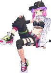  1girl absurdres adapted_costume apex_legends asymmetrical_legwear baseball_cap black_headwear black_pants breasts cleavage cosplay hair_behind_ear hair_bun hat highres holstered_weapon kunai medium_breasts midriff navel pants pointy_ears radioneet shoes shrug_(clothing) single_sleeve sneakers solo the_liberator_wraith thigh_strap tokoyami_towa weapon white_background wraith&#039;s_kunai wraith_(apex_legends) wraith_(apex_legends)_(cosplay) 