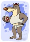  barefoot briefs brown_body brown_fur brown_hair brown_nose bulge canid canine canis clothing coffee_cup coffee_mug container corgi_(artist) cup detailed_background english_text father feet fur hair hand_in_underwear hi_res male mammal mug parent red_text scratching_butt shirt signature solo tan_body tan_fur tank_top teeth_showing text the_minimighty_kids tighty_whities topwear underwear white_briefs white_clothing white_shirt white_tank_top white_topwear white_underwear wolf 
