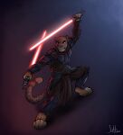  2015 anthro clothing felid hi_res iztli jaguar lightsaber looking_at_viewer male mammal melee_weapon pantherine signature solo standing star_wars weapon 
