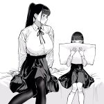  2girls bangs black_hair black_legwear black_skirt blunt_bangs breasts collared_shirt feet_out_of_frame greyscale height_difference highres hiramedousa large_breasts long_hair long_sleeves monochrome multiple_girls original pantyhose pillow ponytail shirt shirt_tucked_in sitting skirt socks white_legwear white_shirt 