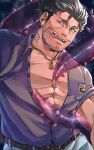  1boy bara belt brown_belt dagon_(housamo) facial_hair jewelry large_pectorals long_sideburns male_focus mature_male muscular muscular_male necklace noramoso open_mouth pants partially_unbuttoned pectoral_cleavage pectorals purple_shirt shirt short_hair sideburns smile solo stubble teeth tentacles tokyo_afterschool_summoners tongue tongue_out white_pants 