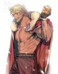  1boy abs arm_hair bangs bara beard blue_eyes brant0815 chest_hair cookie_run eggnog_cookie facial_hair fur_trim large_pectorals long_hair looking_at_viewer male_focus mature_male muscular muscular_male mustache navel open_clothes pectorals santa_costume smile solo thick_eyebrows white_hair 