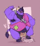  anthro armor armpit_hair barbarian belly body_hair bovid bovine cattle flexing fur hi_res hooves horn killigan killigan&#039;s_treasure male mammal musclegut muscular_arms nipples pecs pubes purple_body purple_fur solo unconvincing_armor yellow_eyes zaviz 