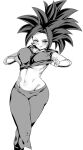  1girl blush breasts clothes_lift crop_top dragon_ball dragon_ball_super earrings greyscale jewelry kefla_(dragon_ball) large_breasts lifted_by_self looking_to_the_side monochrome naughty_face navel pants potara_earrings rom_(20) shirt_lift solo spiked_hair 