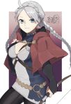 1girl ahoge bangs belt blue_eyes bow_(weapon) braid breast_cutout breasts bridal_gauntlets capelet chest_harness cleavage closed_mouth father_and_daughter fire_emblem fire_emblem_fates grey_hair harness highres holding holding_bow_(weapon) holding_weapon hood hooded_capelet key long_hair looking_at_viewer medium_breasts niles_(fire_emblem) nina_(fire_emblem) seinikuten turtleneck twin_braids upper_body weapon 