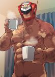  1boy abs arm_hair bara chest_hair coffee cup facing_viewer helmet highres indoors large_pectorals live_a_hero looking_at_viewer male_focus male_pubic_hair mature_male mug muscular muscular_male navel nipples pectorals pubic_hair sawch_cls scar scar_on_face smile solo upper_body victom_(live_a_hero) 