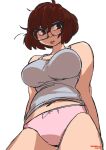  1girl 2019 bangs blush breasts brown_hair english_commentary eyebrows_visible_through_hair from_below glasses grey_tank_top large_breasts looking_at_viewer midriff_peek navel original panties parted_lips pink_panties short_hair sketch snowcie snowciel solo tank_top underwear white_background 