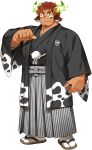  1boy animal_ears bara biceps brown_eyes brown_hair cow_boy cow_ears cow_horns dark-skinned_male dark_skin facepaint facial_hair fiery_horns full_body goatee hakama hakama_skirt horns japanese_clothes kimono kuro_nezumi_inu large_pectorals male_focus muscular muscular_male native_american official_art pectorals pointing pointing_at_self sandals short_hair skirt socks tabi thick_eyebrows tokyo_afterschool_summoners transparent_background wakan_tanka 