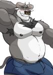  2021 anthro armpit_hair belly blush body_hair bovid bovine cattle clothing facial_piercing grey_body hi_res horn male mammal moobs nipples nose_piercing nose_ring overweight overweight_male piercing simple_background solo underwear vitashi white_background white_body 