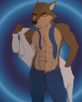  2021 absurd_res angry anthro antonio_otter blue_bottomwear blue_clothing blue_pants bottomwear canid canine canis clothing dreamworks fur heart_underwear hi_res jacket male mammal mr._wolf_(the_bad_guys) muscular muscular_anthro muscular_male necktie pants solo teeth the_bad_guys topwear underwear wolf 