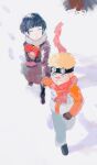  1boy 1girl black_coat black_footwear black_gloves black_hair blonde_hair blue_eyes child coat eyebrows_visible_through_hair footprints gloves goggles goggles_on_head grey_pants highres hyuuga_hinata long_sleeves mon_(monmon2133) naruto naruto_(series) pants parted_lips red_scarf scarf shadow smile snow uzumaki_naruto white_eyes 