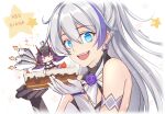  1girl :d artist_name asymmetrical_gloves bangs bare_shoulders black_gloves blue_eyes cake character_name earrings food gloves hair_between_eyes happy_birthday highres holding holding_food honkai_(series) honkai_impact_3rd jewelry kiana_kaslana kiana_kaslana_(herrscher_of_flamescion) long_hair mismatched_gloves mizonaki open_mouth ponytail raiden_mei raiden_mei_(herrscher_of_thunder) smile solo star_(symbol) white_gloves white_hair 