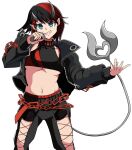  1girl absurdres bangs black_hair black_jacket black_pants black_sports_bra blue_eyes breasts chain commentary_request cross-laced_pants demon_girl demon_horns demon_tail ear_piercing eyebrows_visible_through_hair feet_out_of_frame grin highres holding holding_microphone horns jacket large_breasts looking_at_viewer maki-kun microphone midriff multicolored_hair navel open_clothes open_jacket pants piercing pointy_ears red_hair red_sports_bra ryugasaki_rene short_hair simple_background smile solo sports_bra sugar_lyric tail transparent_background two-tone_hair underboob v-shaped_eyebrows zipper 