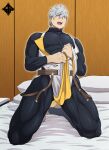  1boy bangs bara barefoot bed black_bodysuit blue_eyes blush bodysuit covered_abs fate/grand_order fate_(series) highres holding_hands kneeling large_pectorals looking_at_viewer male_focus muscular muscular_male on_bed open_mouth pectorals percival_(fate) pillow short_hair solo standplay textless thick_thighs thighs white_hair 