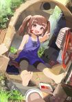  absurdres barefoot bow box brown_eyes brown_hair cardboard cardboard_box child commentary copyright_request dress fang fang_out highres looking_at_viewer marker menthako school_swimsuit shoes short_twintails soles swimsuit tagme toes twintails v 