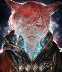  1boy animal_ears bangs black_background cat_ears crystal crystal_exarch facial_mark final_fantasy final_fantasy_xiv frischenq gradient_hair hair_over_one_eye hood hood_down looking_at_viewer male_focus miqo&#039;te multicolored_hair parted_lips portrait red_eyes red_hair short_hair signature slit_pupils smile solo spoilers swept_bangs 
