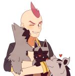  1boy blush commentary_request evolutionary_line heart jaho licking licking_another&#039;s_face male_focus mightyena one_eye_closed pokemon pokemon_(creature) pokemon_(game) pokemon_oras poochyena red_hair shirt short_hair sidney_(pokemon) smile transparent_background upper_body 