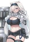  1girl animal_ears arknights aurora_(arknights) bear_ears black_gloves black_hairband black_shirt black_shorts blue_eyes breasts cleavage commentary cowboy_shot crop_top gloves hair_over_one_eye hairband infection_monitor_(arknights) large_breasts long_hair looking_at_viewer midriff navel parted_lips pouch shirt short_shorts shorts shrug_(clothing) silver_hair simple_background smile solo standing stomach taut_clothes taut_shirt thigh_strap thighs very_long_hair white_background yuzuruka_(bougainvillea) 