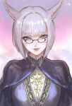  1girl animal_ears bangs black-framed_eyewear blunt_bangs capelet cat_ears dress f&#039;lhaminn_qesh facial_mark final_fantasy final_fantasy_xiv frischenq glasses looking_at_viewer miqo&#039;te pink_eyes purple_background purple_capelet purple_dress purple_hair short_hair signature smile solo upper_body whisker_markings 