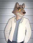  2021 absurd_res anthro black_bottomwear black_clothing black_pants blue_clothing blue_shirt blue_topwear bottomwear brown_body brown_fur canid canine canis chart cheek_tuft clothed clothing facial_tuft fully_clothed fur grin head_tuft height_chart hi_res mahwawa male mammal mr._wolf_(the_bad_guys) pants shirt signature smile solo the_bad_guys topwear tuft white_body white_clothing white_fur white_topwear wolf yellow_eyes 