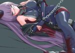  1girl azur_lane bangs black_gloves blood blood_on_clothes blue_eyes blue_legwear breasts brown_nails chain closed_mouth elbow_gloves eyebrows_visible_through_hair feet_out_of_frame fingerless_gloves glasses gloves gneisenau_(azur_lane) gneisenau_(meta)_(azur_lane) hat highres large_breasts long_hair looking_at_viewer military_hat nail_polish on_floor p.i.t.d purple_hair restrained sideboob simple_background solo thighhighs uniform 