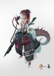  1girl burnt_clothes gun highres horns original ponytail red_hair scales sharp_teeth smoke spiked_tail tail teeth toriseka weapon 