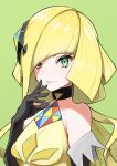  1girl absurdres bare_shoulders black_choker black_gloves blonde_hair breasts choker collarbone eyelashes gloves green_background green_eyes hair_ornament hand_up highres kurokawa_heuy long_hair lusamine_(pokemon) official_alternate_costume pokemon pokemon_(game) pokemon_masters_ex shiny shiny_hair simple_background smile solo upper_body 