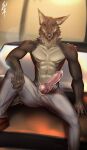 2021 absurd_res anthro balls blush bottomwear canid canine canis car clothed clothing dreamworks footwear genitals hi_res looking_at_viewer male mammal mr._wolf_(the_bad_guys) muscular muscular_anthro muscular_male pants penis plantigrade shoes sitting the_bad_guys topless topless_anthro topless_male vehicle wolf zenfry 