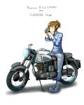  1girl boots brown_eyes brown_hair camera folded_ponytail ground_vehicle highres holding holding_camera jinkou-kuu kickstand motor_vehicle motorcycle norton_es2 original shirt solo striped striped_shirt white_background 