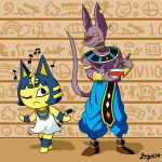  ? abs animal_crossing ankha_(animal_crossing) anthro armlet beerus blue_hair bowl chopsticks clothing container dancing domestic_cat dragon_ball dragon_ball_super dress duo ear_piercing egyptian egyptian_clothing felid feline felis female finnjr63 footwear hair looking_at_another male mammal markings musical_note nintendo one_eye_closed piercing ring_(marking) ringtail standing tail_markings video_games 