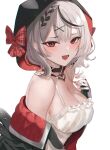  1girl bangs bare_shoulders black_hair blush breasts cleavage hololive hood large_breasts looking_at_viewer multicolored_hair oni_noodle open_mouth orca_hood red_eyes sakamata_chloe silver_hair smile solo streaked_hair virtual_youtuber 