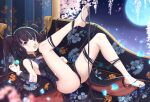  1girl absurdly_long_hair bangs bare_shoulders barefoot black_dress black_hair black_sleeves blue_bow blue_eyes blue_nails blunt_bangs bow breasts china_dress chinese_clothes chinese_commentary cleavage closed_mouth commentary couch detached_sleeves double_bun dress eyebrows_visible_through_hair fate/grand_order fate_(series) fingernails fur_trim hand_on_own_cheek hand_on_own_face high_collar highres holding_orb indoors leg_up legs long_hair looking_at_viewer lying medium_breasts moon nail_polish on_back on_couch petals shimutsuki sideboob sidelocks solo thighs toenails tongue tongue_out twintails very_long_hair yang_guifei_(fate) 