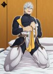  1boy bangs bara bed black_bodysuit blue_eyes blush bodysuit boots covered_abs fate/grand_order fate_(series) highres holding_hands knee_boots kneeling large_pectorals looking_at_viewer male_focus muscular muscular_male on_bed open_mouth pectorals percival_(fate) pillow short_hair smile solo standplay textless thick_thighs thighs white_hair 