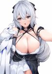  1girl bare_shoulders breasts bronya_zaychik bronya_zaychik_(silver_wing) cleavage collarbone dress eyebrows_visible_through_hair grey_eyes grey_hair hand_on_hip highres honkai_(series) honkai_impact_3rd large_breasts long_hair looking_at_viewer open_mouth pak_ce simple_background single_sleeve sleeveless sleeveless_dress white_background white_dress white_sleeves 