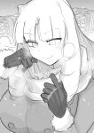  1girl bangs blunt_bangs blush breasts cityscape closed_mouth commentary_request eyebrows_visible_through_hair fur_trim giant giantess gloves greyscale highres large_breasts looking_at_another looking_down monochrome nikukaiq original scarf scarf_pull size_difference sketch smile upper_body warming winter_clothes 