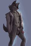  2021 anthro ball_tuft balls black_nose bottomless canid canine canis clothed clothing digital_media_(artwork) digital_painting_(artwork) fur genitals grey_background grey_body grey_fur head_tuft hi_res humanoid_genitalia humanoid_penis male mammal mielbunnee mr._wolf_(the_bad_guys) one_eye_closed open_clothing open_topwear partially_clothed penis pink_tongue simple_background solo the_bad_guys tongue tongue_out topwear tuft white_clothing white_topwear wink wolf yellow_eyes 