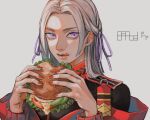  1girl absurdres avocado bangs black_jacket burger constricted_pupils eating edelgard_von_hresvelg epaulettes fatalbug896 fire_emblem fire_emblem:_three_houses food food_bite food_on_face grey_background grey_hair hair_ribbon high_collar highres holding holding_food jacket lettuce licking_lips long_hair long_sleeves looking_at_viewer multicolored_clothes multicolored_jacket nail_polish open_mouth parted_bangs parted_hair purple_eyes purple_ribbon red_nails ribbon sauce signature simple_background solo tomato_slice tongue tongue_out tress_ribbon two-tone_jacket upper_body zipper 